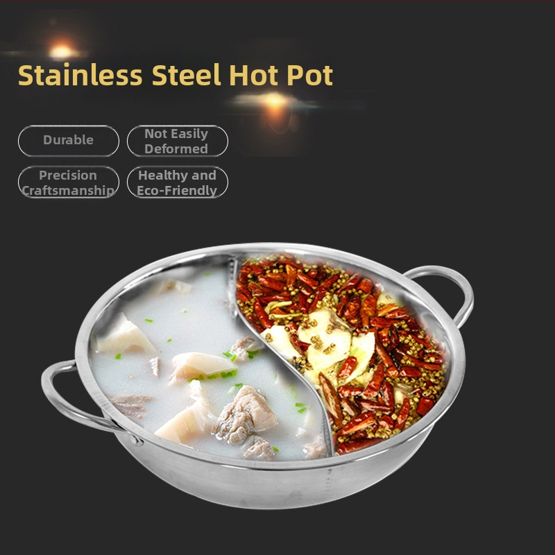 Nerezový Yin-Yang hot pot s rozdelenymi komorami pre dva chute, nepriľnavý povrch, vhodný na indukciu, sklenený kryt