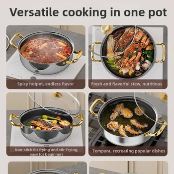 Nehrdzavejúci hot pot s integrovaným dnom, skleneným viečkom, model Shu Bao 08, nepriľnavý povrch, objem 4.1–6 L / 2.1–4 L, univerzálne pre indukčné dosky