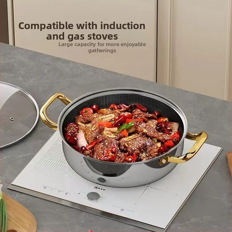 Nehrdzavejúci hot pot s integrovaným dnom, skleneným viečkom, model Shu Bao 08, nepriľnavý povrch, objem 4.1–6 L / 2.1–4 L, univerzálne pre indukčné dosky