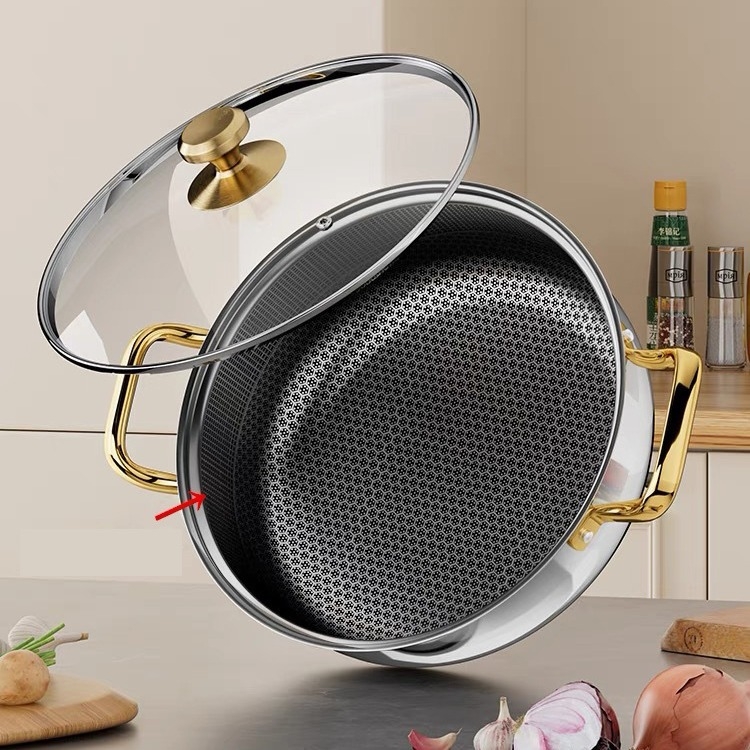 Nehrđajući hot pot lonac, Shu Bao model 08, integriran, s non-stick dnom i staklenim poklopcem, kapacitet 4.1–6 L / 2.1–4 L, kompatibilan s indukcijskim štednjakom