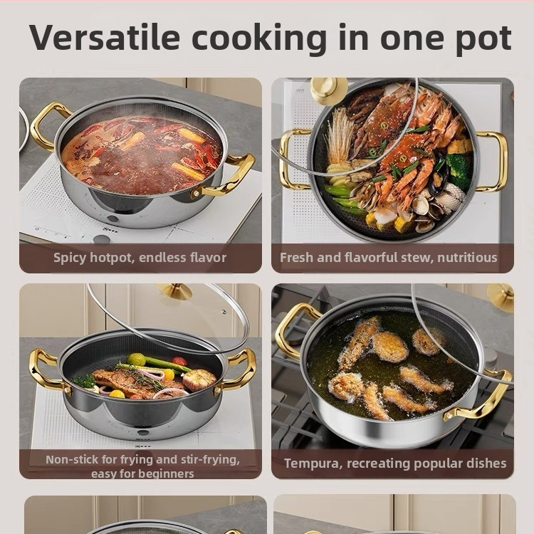 Nehrdzavejúci hot pot s integrovaným dnom, skleneným viečkom, model Shu Bao 08, nepriľnavý povrch, objem 4.1–6 L / 2.1–4 L, univerzálne pre indukčné dosky