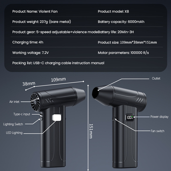 X9 USB ανεμιστήρας με ενσωματωμένη μπαταρία, τουρμπίνο ροή αέρα, 5 ταχύτητες, 2000–4000 mAh, 1–3 ώρες λειτουργίας, θόρυβος 60–70 dB