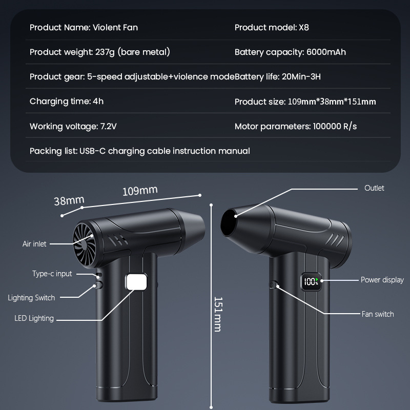 X9 USB ανεμιστήρας με ενσωματωμένη μπαταρία, τουρμπίνο ροή αέρα, 5 ταχύτητες, 2000–4000 mAh, 1–3 ώρες λειτουργίας, θόρυβος 60–70 dB