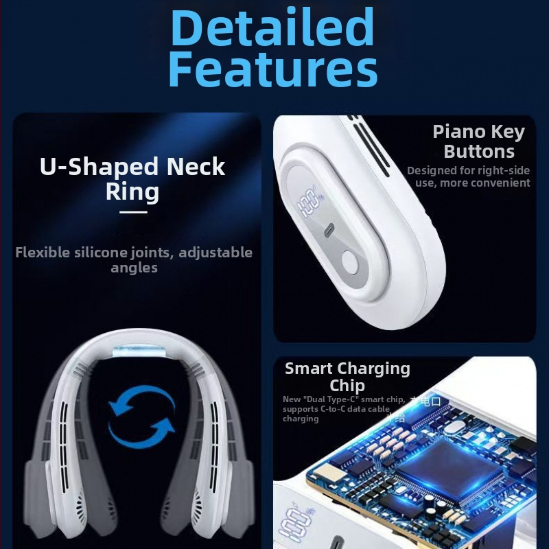 J18 ventilator fără lame pentru gât, alimentare USB, baterie încorporată 1200-2000mAh, 3 viteze, motor brushless, portabil pentru exterior