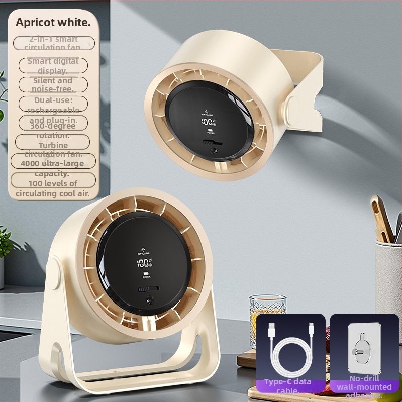 Ventilator de circulație fără palete, pentru birou/fixare pe perete, silențios, încărcare USB, baterie încorporată 4000–6000 mAh, motor brushless, 5 trepte