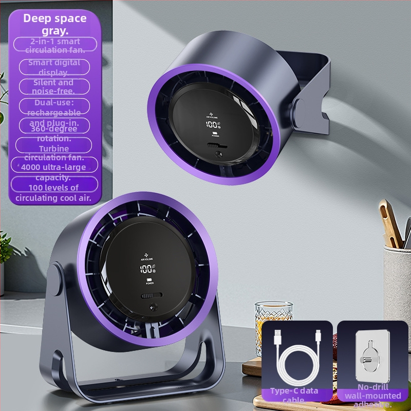 Ventilator de circulație fără palete, pentru birou/fixare pe perete, silențios, încărcare USB, baterie încorporată 4000–6000 mAh, motor brushless, 5 trepte