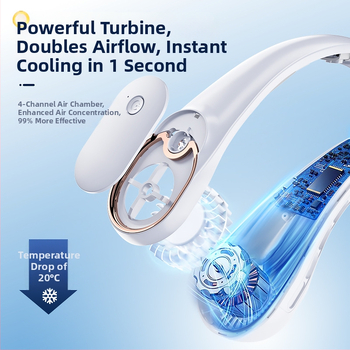 Ventilator pentru gât cu încărcare USB, baterie încorporată 4000-6000 mAh, brushless motor, 3 trepte de viteză, zgomot 36-45 dB