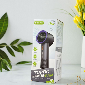 Ventilator de mână fără lame, tip turbina; 5W, baterie Li‑ion 3,7V; zgomot ≤36 dB; baterie înlocuibilă 2000–4000 mAh
