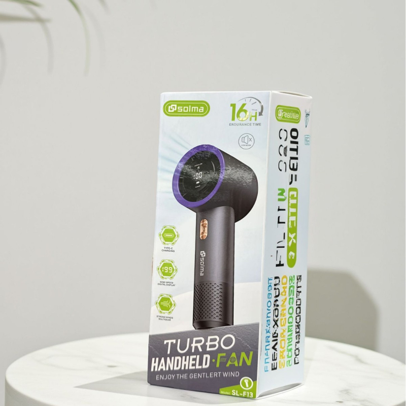 Ventilator de mână fără lame, tip turbina; 5W, baterie Li‑ion 3,7V; zgomot ≤36 dB; baterie înlocuibilă 2000–4000 mAh