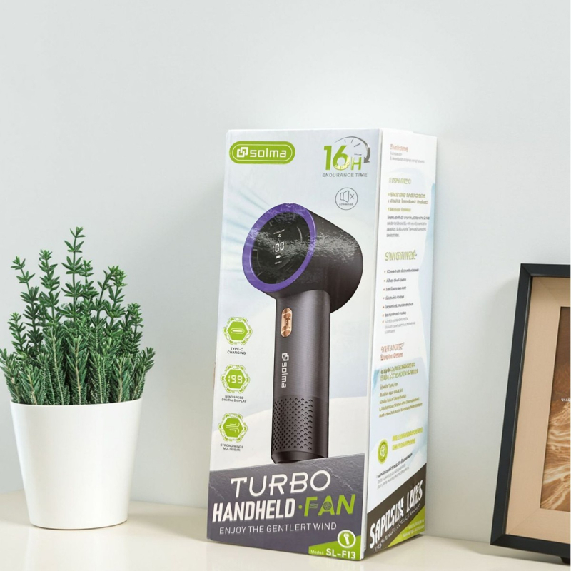 Ventilator de mână fără lame, tip turbina; 5W, baterie Li‑ion 3,7V; zgomot ≤36 dB; baterie înlocuibilă 2000–4000 mAh