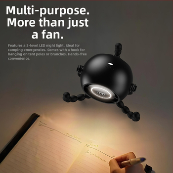 Ventilator de mână în formă de caracatiță, baterie încorporată 2000–4000 mAh, autonomie 8–12 ore, 3 trepte de viteză, alimentare USB, zgomot 36–45 dB