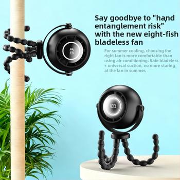 Ventilator de mână în formă de caracatiță, baterie încorporată 2000–4000 mAh, autonomie 8–12 ore, 3 trepte de viteză, alimentare USB, zgomot 36–45 dB