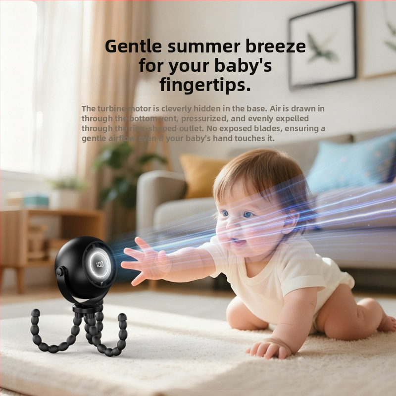 Ventilator de mână în formă de caracatiță, baterie încorporată 2000–4000 mAh, autonomie 8–12 ore, 3 trepte de viteză, alimentare USB, zgomot 36–45 dB