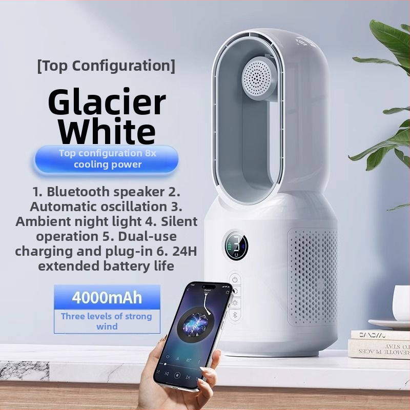 Επιτραπέζιος ανεμιστήρας χωρίς λεπίδες για ψύξη, 3 ρυθμίσεις ταχύτητας, DC brushed motor, θόρυβος κάτω από 36 dB, αντικαταστάσιμη μπαταρία 300–500 mAh, τροφοδοσία μέσω USB