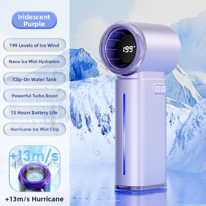 Ventilator manual fără palete cu ceață, încărcare USB, baterie încorporată 2000–4000 mAh, afișaj LED digital