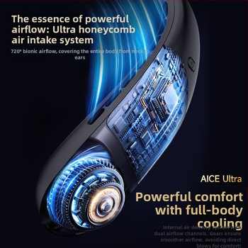 Ventilator purtabil pentru gât, fără palete, cu baterie încorporată 2000-4000mAh, 6 viteze, motor brushless, autonomie 3-6 ore