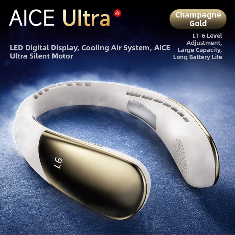 Ventilator purtabil pentru gât, fără palete, cu baterie încorporată 2000-4000mAh, 6 viteze, motor brushless, autonomie 3-6 ore