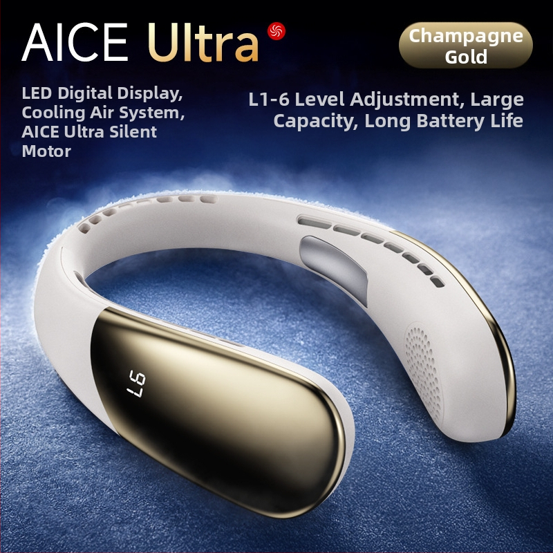 Ventilator purtabil pentru gât, fără palete, cu baterie încorporată 2000-4000mAh, 6 viteze, motor brushless, autonomie 3-6 ore