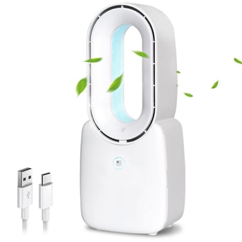 USB stolni ventilator bez lopatica, ugrađena baterija, 3 brzine prirodni vjetar, buka 36–45 dB, pogodan za prostorije do 10 m²