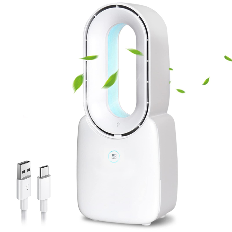 USB stolni ventilator bez lopatica, ugrađena baterija, 3 brzine prirodni vjetar, buka 36–45 dB, pogodan za prostorije do 10 m²