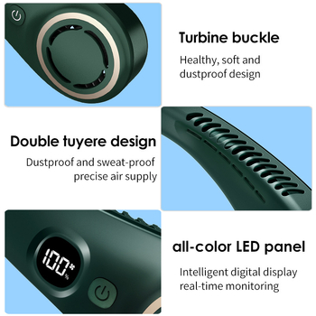 USB ventilator za vrat, 3 brzine, tih rad (36–45 dB), 3.7V 5W, zamjenjiva baterija 1200–2000 mAh