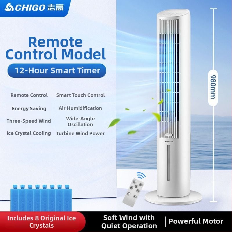 Chigo vodeni toranj ventilator bez lopatica, daljinsko upravljanje, 220V, 40W, 3 brzine, spremnik 2.6–4.0 L, buka 36–45 dB