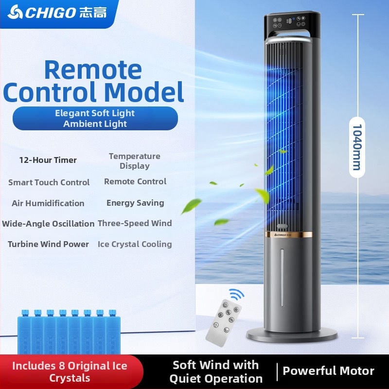 Chigo vodeni toranj ventilator bez lopatica, daljinsko upravljanje, 220V, 40W, 3 brzine, spremnik 2.6–4.0 L, buka 36–45 dB