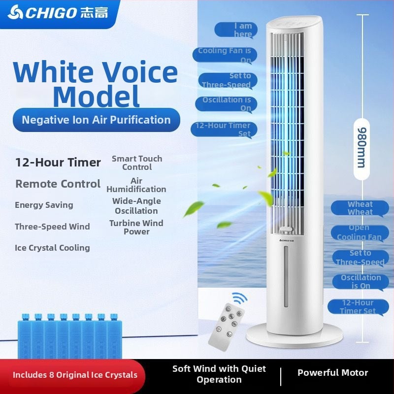 Chigo vodeni toranj ventilator bez lopatica, daljinsko upravljanje, 220V, 40W, 3 brzine, spremnik 2.6–4.0 L, buka 36–45 dB