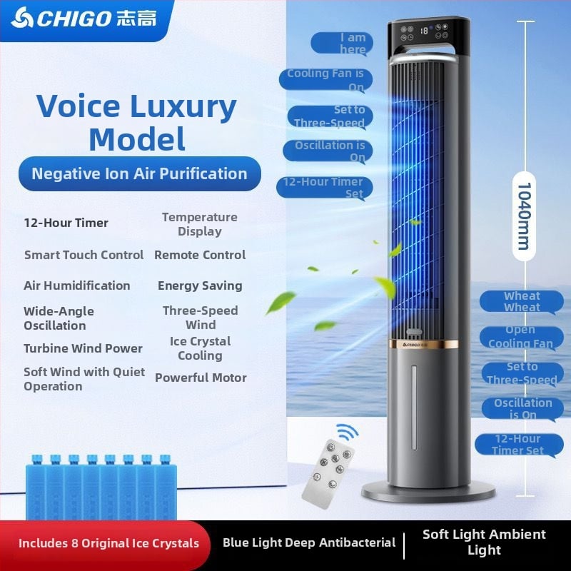 Chigo vodeni toranj ventilator bez lopatica, daljinsko upravljanje, 220V, 40W, 3 brzine, spremnik 2.6–4.0 L, buka 36–45 dB