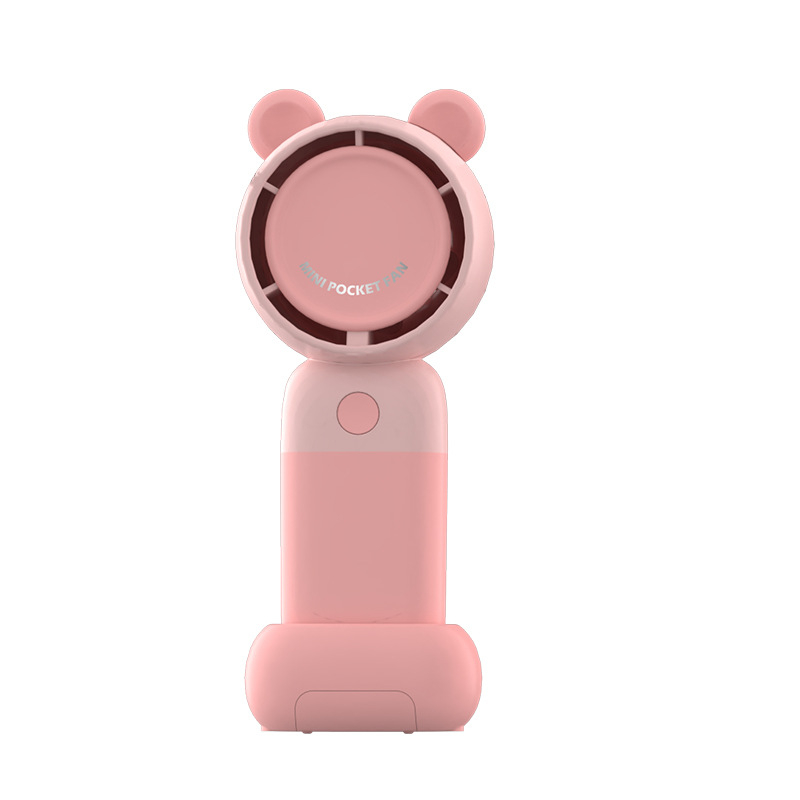 Ventilator de mână USB reîncărcabil, cu turbină desen animat și design cu urechi de urs, 3 viteze, motor brushless, baterie încorporată 300–500 mAh, suport pentru telefon