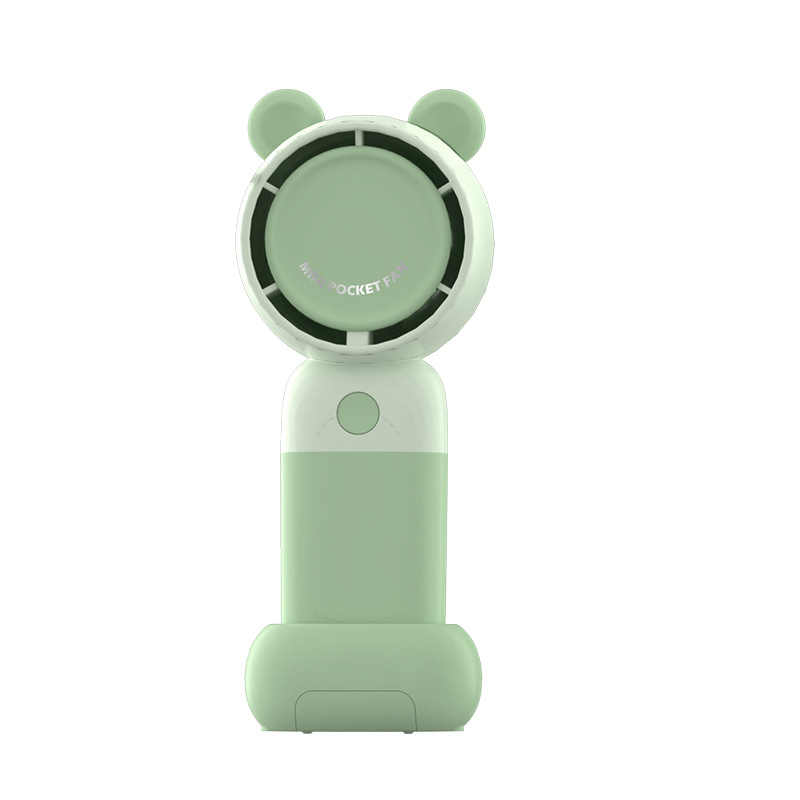 Ventilator de mână USB reîncărcabil, cu turbină desen animat și design cu urechi de urs, 3 viteze, motor brushless, baterie încorporată 300–500 mAh, suport pentru telefon