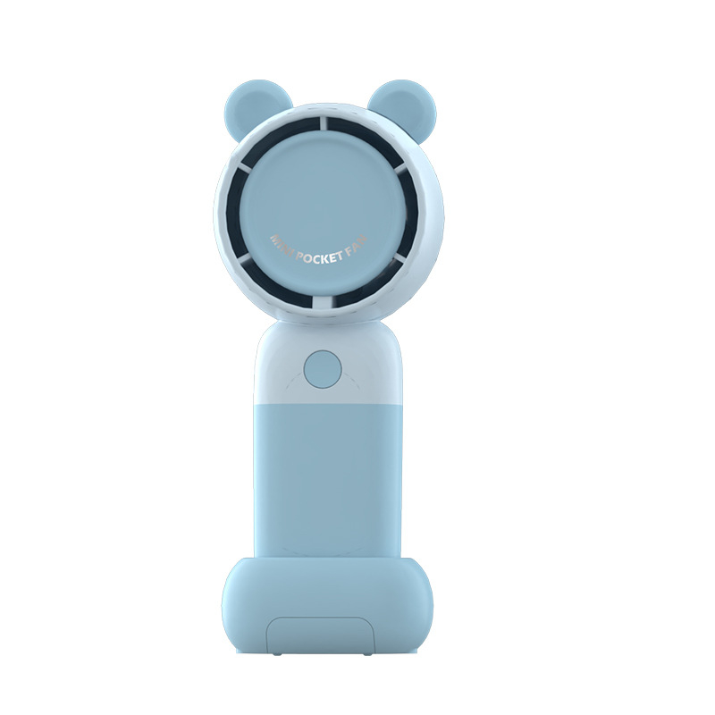 Ventilator de mână USB reîncărcabil, cu turbină desen animat și design cu urechi de urs, 3 viteze, motor brushless, baterie încorporată 300–500 mAh, suport pentru telefon