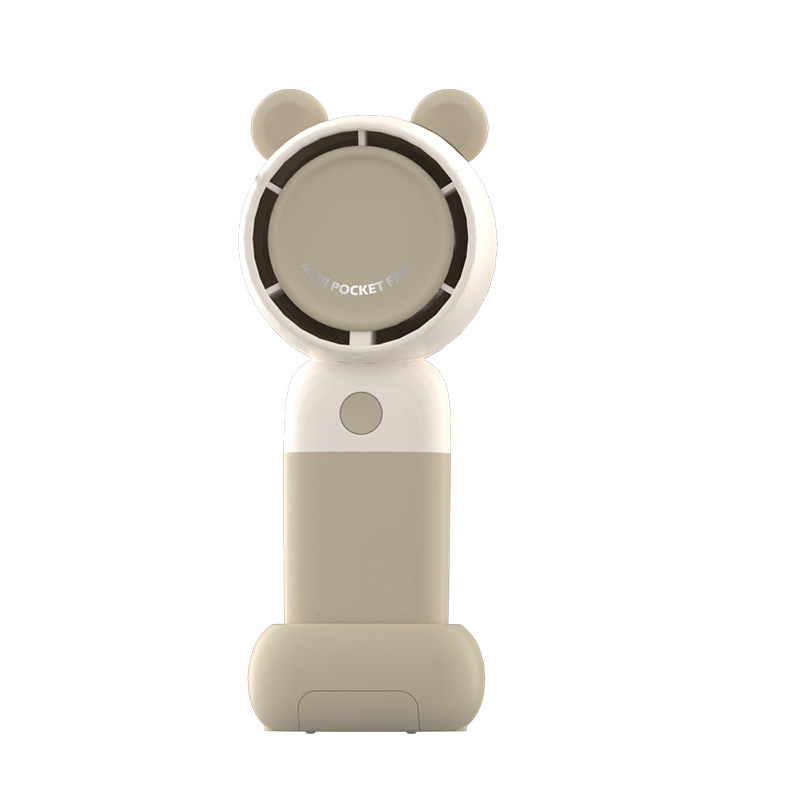Ventilator de mână USB reîncărcabil, cu turbină desen animat și design cu urechi de urs, 3 viteze, motor brushless, baterie încorporată 300–500 mAh, suport pentru telefon
