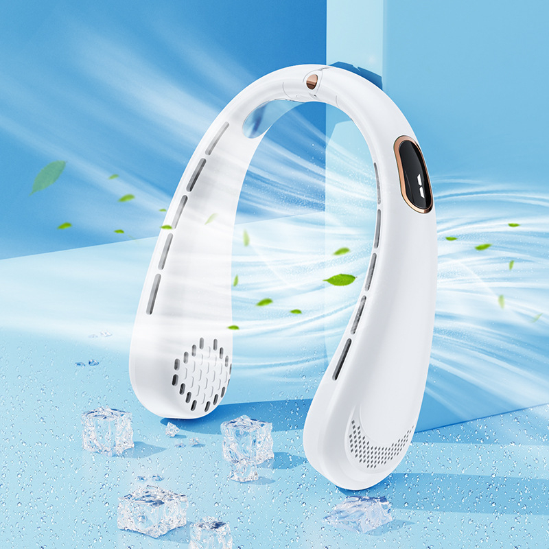 Lopó nélküli nyakventilátor, USB-töltés, digitális kijelző, 5 sebesség, beépített akkumulátor 2000–4000 mAh, 300 g