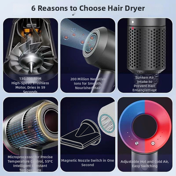 Сешоар за коса, 1600 W, безчетков AC мотор, 220 V, 3 скорости въздуха, въртящ се накрайник + концентратор, защита от прегряване, ABS корпус