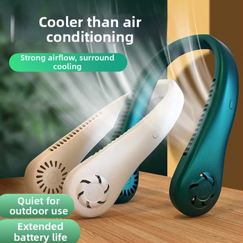 Visiaci nákrčný ventilátor, bez lopatiek, USB nabíjateľný, prirodzený vietor, tichý <36 dB, batéria 500–800 mAh, výdrž >12 h