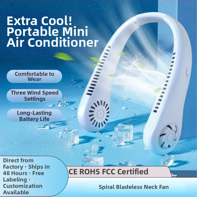 Visiaci nákrčný ventilátor, bez lopatiek, USB nabíjateľný, prirodzený vietor, tichý <36 dB, batéria 500–800 mAh, výdrž >12 h