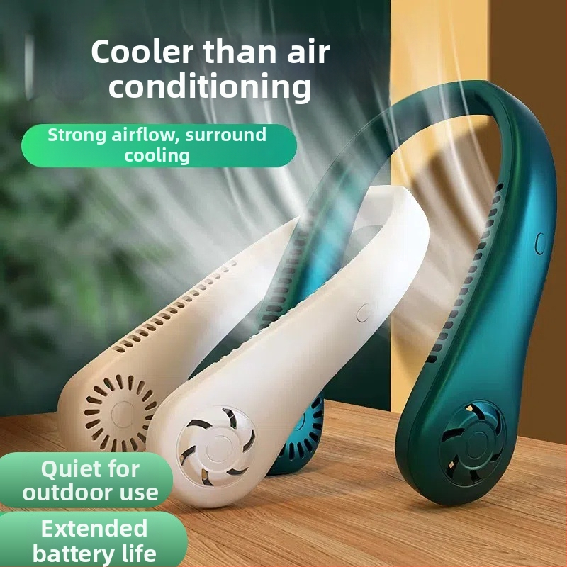 Visiaci nákrčný ventilátor, bez lopatiek, USB nabíjateľný, prirodzený vietor, tichý <36 dB, batéria 500–800 mAh, výdrž >12 h