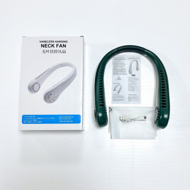 Ventilator za vrat bez lopatica, USB punjiv, prirodni vjetar, tih <36 dB, baterija 500–800 mAh, trajanje >12h