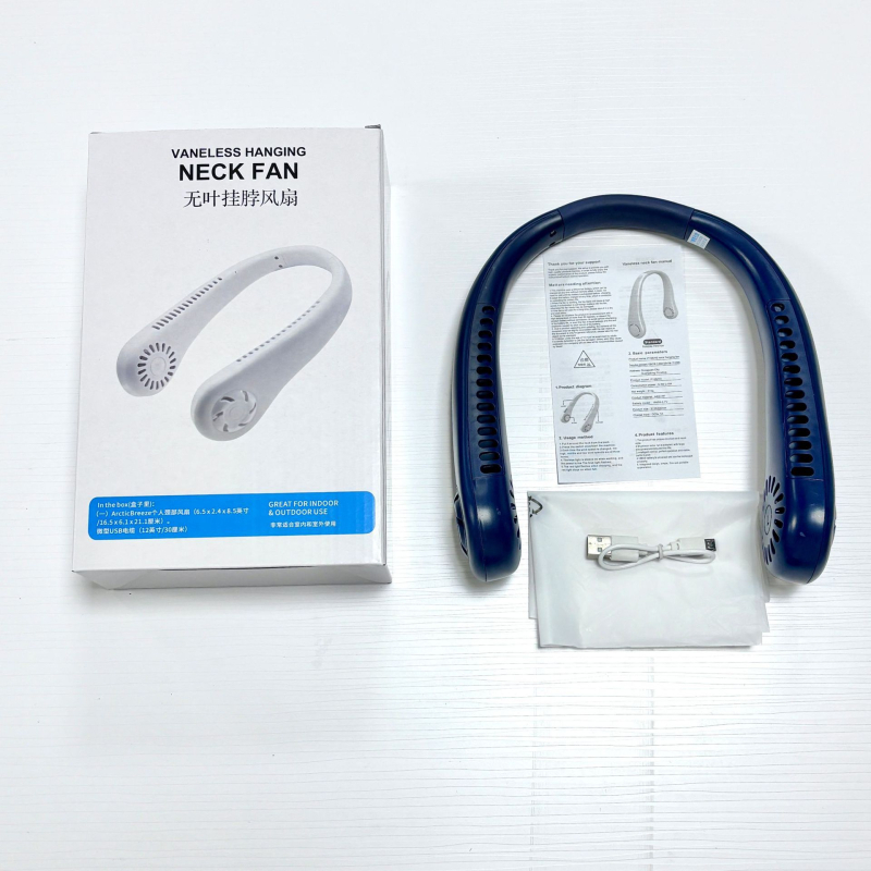 Ventilator za vrat bez lopatica, USB punjiv, prirodni vjetar, tih <36 dB, baterija 500–800 mAh, trajanje >12h