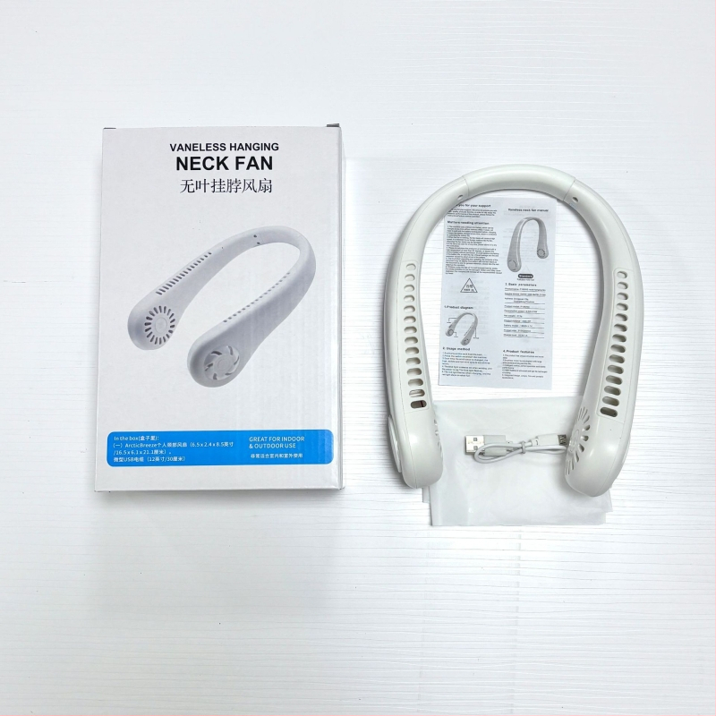 Visiaci nákrčný ventilátor, bez lopatiek, USB nabíjateľný, prirodzený vietor, tichý <36 dB, batéria 500–800 mAh, výdrž >12 h