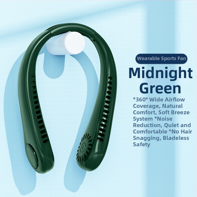 Visiaci nákrčný ventilátor, bez lopatiek, USB nabíjateľný, prirodzený vietor, tichý <36 dB, batéria 500–800 mAh, výdrž >12 h