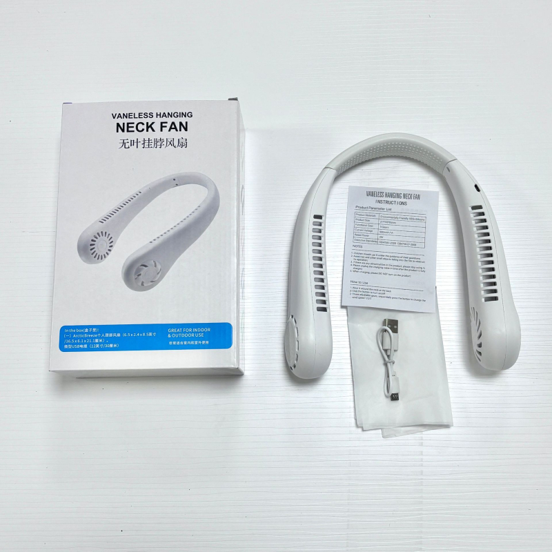Ventilator za vrat bez lopatica, USB punjiv, prirodni vjetar, tih <36 dB, baterija 500–800 mAh, trajanje >12h