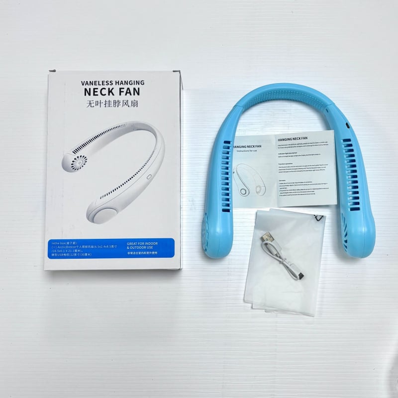 Ventilator za vrat bez lopatica, USB punjiv, prirodni vjetar, tih <36 dB, baterija 500–800 mAh, trajanje >12h