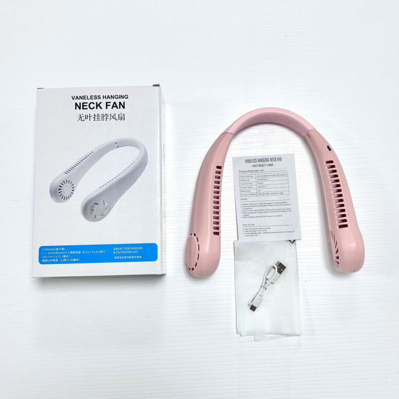 Ventilator za vrat bez lopatica, USB punjiv, prirodni vjetar, tih <36 dB, baterija 500–800 mAh, trajanje >12h
