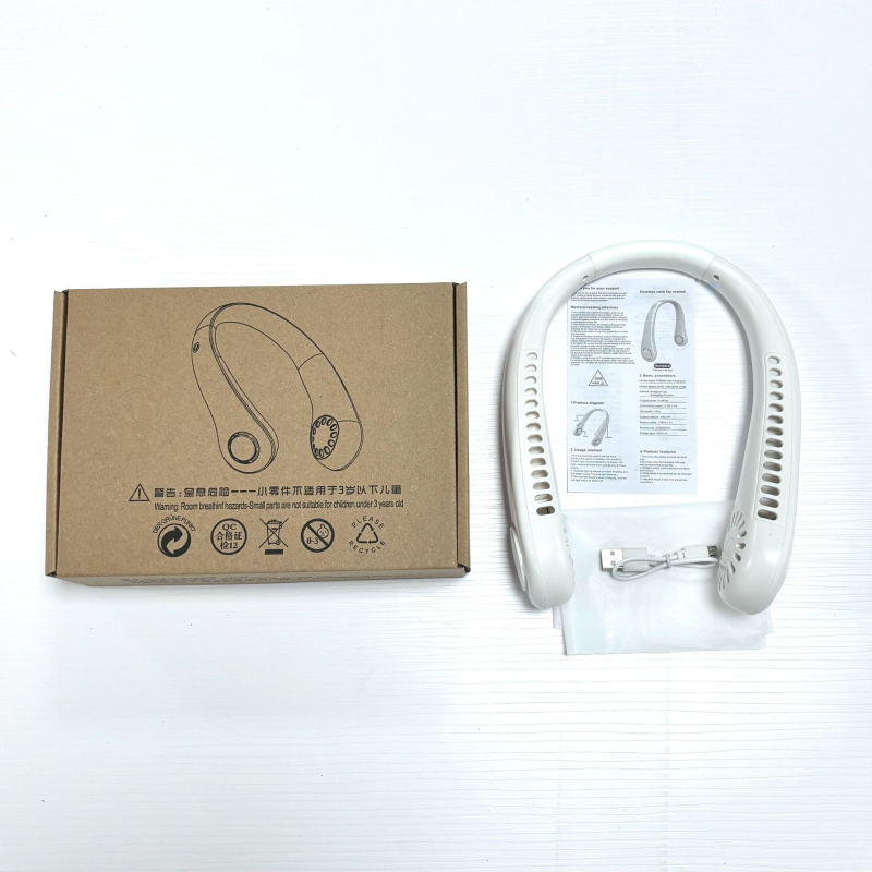 Ventilator za vrat bez lopatica, USB punjiv, prirodni vjetar, tih <36 dB, baterija 500–800 mAh, trajanje >12h