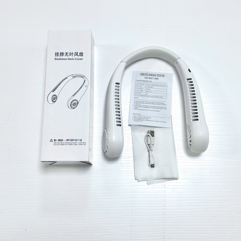 Ventilator za vrat bez lopatica, USB punjiv, prirodni vjetar, tih <36 dB, baterija 500–800 mAh, trajanje >12h