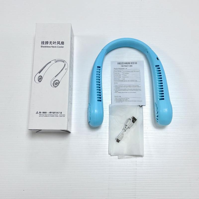 Ventilator za vrat bez lopatica, USB punjiv, prirodni vjetar, tih <36 dB, baterija 500–800 mAh, trajanje >12h