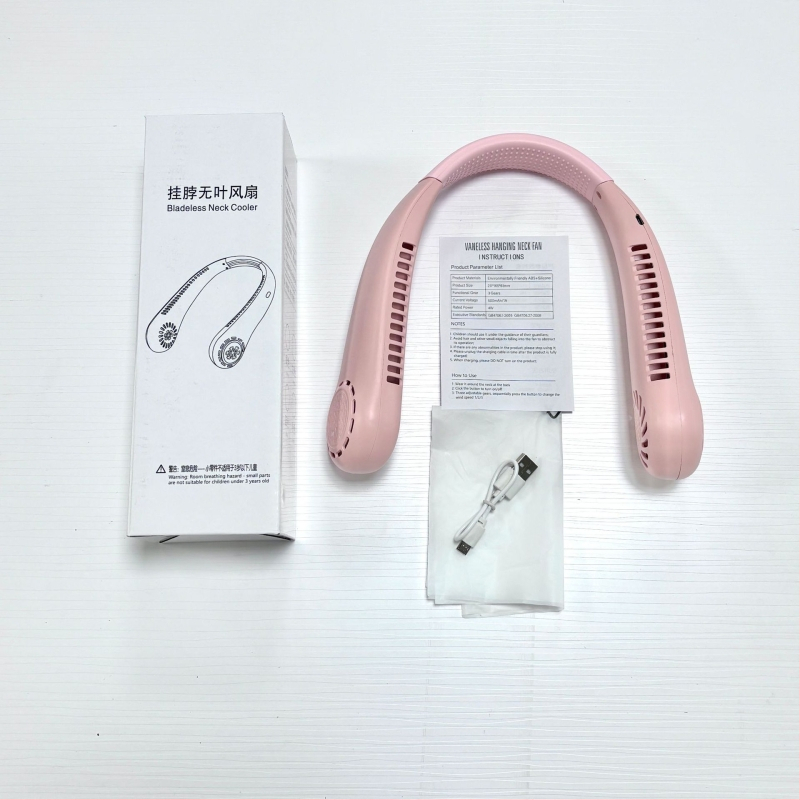 Visiaci nákrčný ventilátor, bez lopatiek, USB nabíjateľný, prirodzený vietor, tichý <36 dB, batéria 500–800 mAh, výdrž >12 h