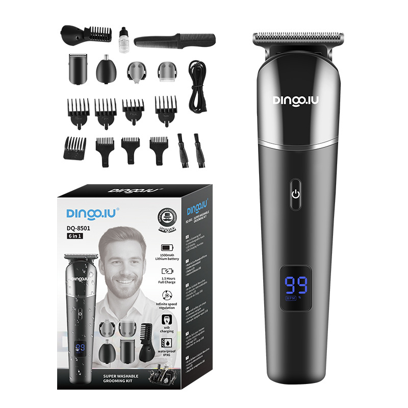 Elektromos hajvágó készlet, brushless motor, rozsdamentes acél pengék, vízálló és teljesen mosható, cserélhető akkumulátor 1000–1200 mAh, üzemidő 1–3 óra